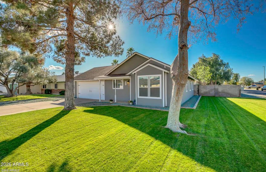 Honey, Stop the Car!!! What an Adorable Dollhouse with No HOA and only a mile to Downtown Gilbert! Large corner lot with mature trees and grass in both front and back yards.  Well thought out floor plan feels bigger than noted sq. ft. When you walk in you will feel like you are home. Welcoming front living room, a spacious Eat in Kitchen will Granite Counters, white raised panel cabinets and Stainless Steel Appliances. 3 nice size Bedrooms, 2 Full Baths, and a large 2 Car Garage. RV Gate so bring your RV or toys and park in your own side yard. There is a Covered patio and a large storage Shed too!