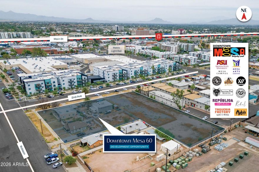 Prime investment opportunity in a certified Opportunity Zone / Qualified Census Tract in booming Downtown Mesa. This transit-oriented, 60-unit project features approved preliminary site and architectural plans for a 3-story modern development (42 2BR/2BA and 18 1BR/1BA units averaging ~740 SF).

APPROVED PLANS: Ready to build or customize. 

PREMIUM AMENITIES: Courtyard, pool, turf areas, BBQs, and covered parking. 

TOP LOCATION: Steps to breweries, dining, and Mesa Arts Center. 

TRANSIT RICH: 3-minute walk to bus, 6-minute walk to Light Rail, 10 minutes to Sky Harbor Airport. 

Capitalize on high rental demand and major tax incentives. Buy and build the ''Mesa 60'' today. 

Lender-Owned.