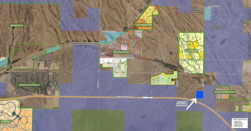 The property is located on 211th Avenue just north of the N/W corner of 211th
Avenue and Sun Valley Parkway. It is located approximately 1 mile S.E. of the Frontera Subdivision which is currently selling newly constructed homes and the Rancho Vista subdivision which is presently under construction. This 40 acre parcel is contiguous to the future 210 acre Ana Mandara project which will be rezoned residential and commercial. Proposed rezoning of the property to develop between 750 and 1,000 homes, along with 20 to 30 acres designated for commercial use. Groundbreaking is anticipated by late 2026. The property is also located less than a mile south of the future Desert Trails subdivision. For information on these future developments, go to the City of Surprise website under Planned Area Dev Area Developments (PAD).

This property is flat without any flood plain issues, and after it has been rezoned, it should be ready for future ground breaking. A grazing lease is in place at the present time. Compared to the comps in the vicinity, this property is priced to sell.