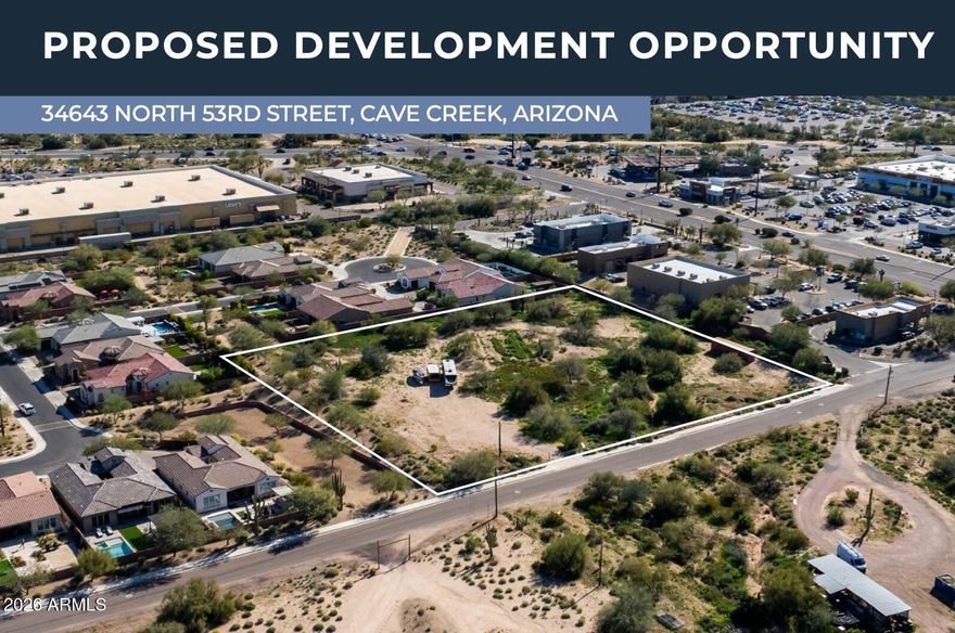 The Vickers Commercial Retail Center is an approved retail development located at 34643 North 53rd Street in Cave Creek, Arizona. The project
has received Site Plan Review approval from the Town of Cave Creek under Case No. SPR-25-01 as of March 3, 2026. The approved development
consists of two single-story commercial buildings totaling approximately 18,092 square feet designed for retail and service commercial tenants.
The site plan includes parking areas, a relocated driveway access, retaining walls, drainage improvements, and new frontage improvements
including curb, gutter, sidewalk, and a pedestrian trail connection.
