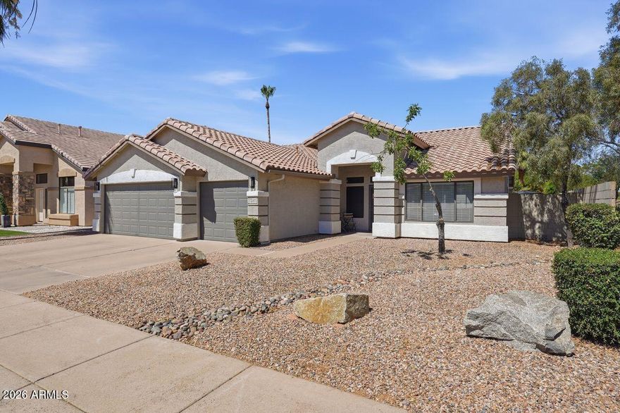Gorgeous 4 bedroom/2 bathroom single story w/ 3 car garage on a corner lot! This Beautiful home features a bright, open concept w/ vaulted ceiling. Renovations in '22 include interior and exterior painting, quartz countertops, kitchen & bathroom cabinets painted, ceiling fans, plumbing and lighting fixtures, tile flooring throughout, and classy closets added in the second and third bedrooms as well as a game closet.  Inside laundry.  Pool pump & irrigation lines-'25. Spacious kitchen is equipped w/ white cabinets, tiled backsplash, quartz countertops, stainless-steel appliances, including gas range, breakfast nook, island w/ breakfast bar, & pantry. Primary suite w/ tiled shower/tub, two sinks w/ quartz top, & walk-in closet. 2nd bath has two sinks w/ quartz top & tub w/ tiled surround. Den is used as 4th bedroom.  Inviting backyard complete w/ large, covered patio, heated pool/spa, synthetic grass/pavers, plus an open patio perfect for a firepit. Excellent, Convenient location!