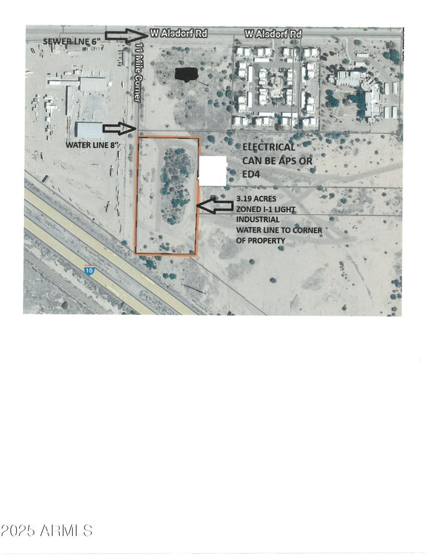 Great Light Industrial property. 3.19 Industrial use land with some infrastructure. Close to I-10  and I-8. Lots of potential to have a great industrial business. Water to corner of property, Sewer line 300 ft. Electrical nearby.
Electrical to property can be APS or ED-4 electrical district. Uses: Building and material sales, distribution warehousing, heavy manufacturing, recycling center, truck stop, wholesale establishment, utility facility and service yard, the uses are endless.  See doc tab for more uses.
Eloy has lots of new industrial businesses. Let this property be your new location for a ''Great business landmark''. Freeway and Highway easy access.