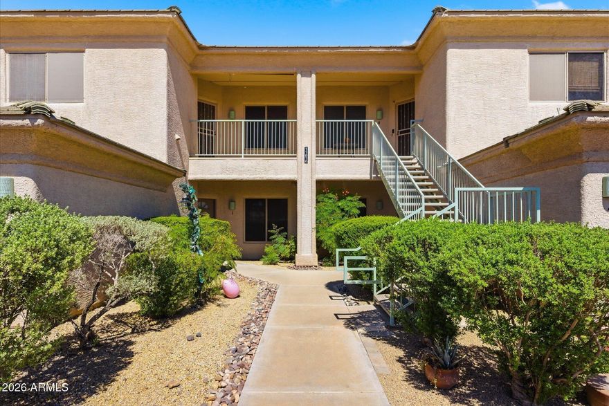 Large private 2-bed, 2-bath condo with hand-scraped wood floors, tile, and an open, bright layout. Cozy upgraded kitchen features beautiful maple cabinetry, tiled countertops, pass-through, eat-in area, plus separate dining room. Rare 2 patio balconies, including one extra-large and private, with spectacular mountain and city light views and stunning sunrises and sunsets. Double-pane patio doors and windows. Full-size garage with opener, workbench, and cabinets. All appliances included. Low HOA, low maintenance, and home warranty. Close to Fountain Hills Lake and Park, restaurants, shopping, and golf. Ideal as a full-time home, winter retreat, vacation home, or rental.