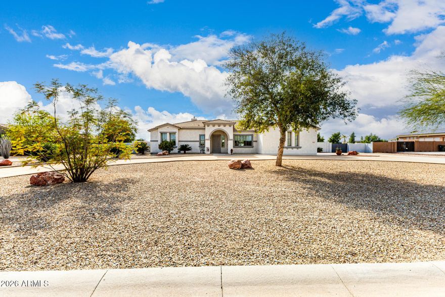 Semi-custom home on an acre! Split floor plan w/ 4 bedrooms+den(w/ Jack N Jill bath & french doors) 4 full baths. Guest suite w/ private bath & back patio exit. Gourmet kitchen w/ granite countertops, tiled backsplash, SS appliances, double ovens & staggered walnut cabinets. Large great room w/ wet bar & gas fireplace. The front dining room could be used as a 6th bed or gaming room/office. The primary suite includes a Jacuzzi tub, separate shower, dual vanities, walk-in closet, & private exit to the covered patio. Entertain outside in this impressive backyard w/ heated&cooled pool, gazebo w/ fully loaded outdoor kitchen w/ pizza oven. 3 storage sheds & a covered carport, 3-car garage has epoxy floors and a 9,000-lb QuickLift. RVs, motorhomes & off roading toys welcome. 10-ft RV gate.