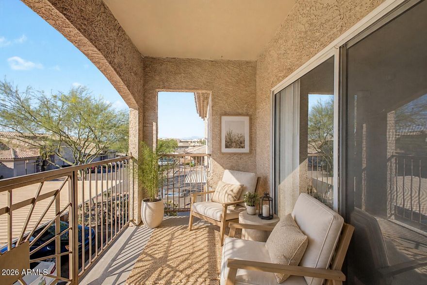 Darling 2 bed/2 bath condo in the heart of Fountain Hils! This inviting 2nd-floor unit offers a desirable split layout with two spacious bedrooms, each with its own full bath. Bright living area, functional kitchen and a private balcony create a comfortable lock and leave lifestyle.  Enjoy the resort-style amenities including a sparkling pool, community room and work-out facility. Fantastic location within walking distance to Starbucks, grocery shopping, and sandwich shops, plus close to all the charm of Fountain Hills. Great full=time residence, winter getaway, or investment opportunity! Fountain Hills is a natural fit for buyers wanting low-maintenance ownership, outdoor recreation, mountain views, golf, and proximity to Scottsdale/Mayo/airport access.