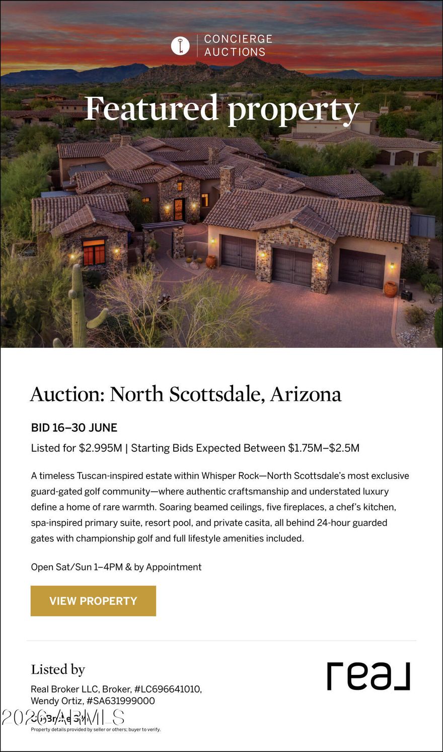 LUXURY PROPERTY AUCTION: 16-30 JUNE. Accepting Starting Bids Through 15 June. Starting Bids Expected Between $1.75M-$2.5M. Earn an incentive by 15 June. A timeless Tuscan-inspired estate within Whisper Rock--North Scottsdale's most exclusive guard-gated golf community--where rich architectural detail, authentic craftsmanship, and understated luxury create a home of rare warmth and substance. This single-level custom residence unfolds across a privately positioned one-acre lot with soaring beamed ceilings, hand-selected finishes, five fireplaces, and a chef's kitchen appointed with Wolf and Sub-Zero. Resort-inspired outdoor living, intimate courtyards, a private guest casita, and breathtaking boulder and mountain views create an atmosphere equally suited for elegant entertaining or quiet de