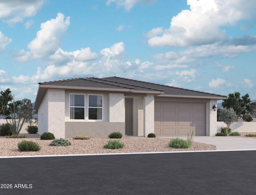 Welcome to Stonebridge Manor--Waddell's premier new community--featuring the beautifully designed Violet floor plan. This single-story home offers 1,567 sq. ft. with 3 bedrooms, 2 bathrooms, and a spacious great room built for everyday living and entertaining. The modern desert exterior adds standout curb appeal with a 2-car garage. Inside, the kitchen features white 42'' upper cabinets, Della Terra Quartz Frost countertops, and GE stainless steel appliances including a range, microwave, and dishwasher. Enjoy 7'' x 22'' wood-look tile flooring in main living areas, plush carpet in bedrooms, quartz countertops in bathrooms, 9' ceilings, 8' interior doors, and a stunning 4-panel center sliding glass door for seamless indoor-outdoor living. Spectacular Mountain Views! Minutes from Prasada in master-planned community featuring Walking Trails, Greenbelts, Neighborhood Park with Playground, Basketball Court, Bocce Ball, and Corn Hole. Conveniently located near the 303 & Northern Pkwy. Top rated schools, shopping and dining!