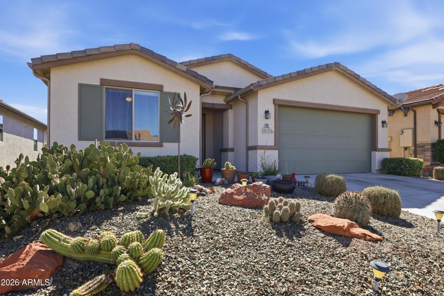 Lovely 3BR/2BA home in desirable Mesquite Hills featuring a spacious split floor plan and bright great room design. The kitchen offers a large island, abundant cabinetry, pantry, and cozy breakfast nook, with a single French door leading to the covered patio and fenced backyard--perfect for indoor/outdoor living. The backyard features distant views, enhanced by a seller-built platform ideal for enjoying Arizona's beautiful sunsets.

The great room layout includes a dedicated dining area and is complemented by ceiling fans throughout the home. The primary suite features dual vanities, an 18x18 tile shower surround, and a private water closet.

Built with quality 2x6 construction, this EnergyStar home offers stucco exterior and a tile roof, along with owned solar... along with a spacious 3-car tandem garage.  Additional features include a water softener and reverse osmosis system.  

Located within Cottonwood city limits, Mesquite Hills offers sidewalks and convenient access to nearby hiking trails.

Refrigerator, washer, and dryer convey. Backyard fountain, wall art, and pots also convey. Garage refrigerator and shelving do not convey.
