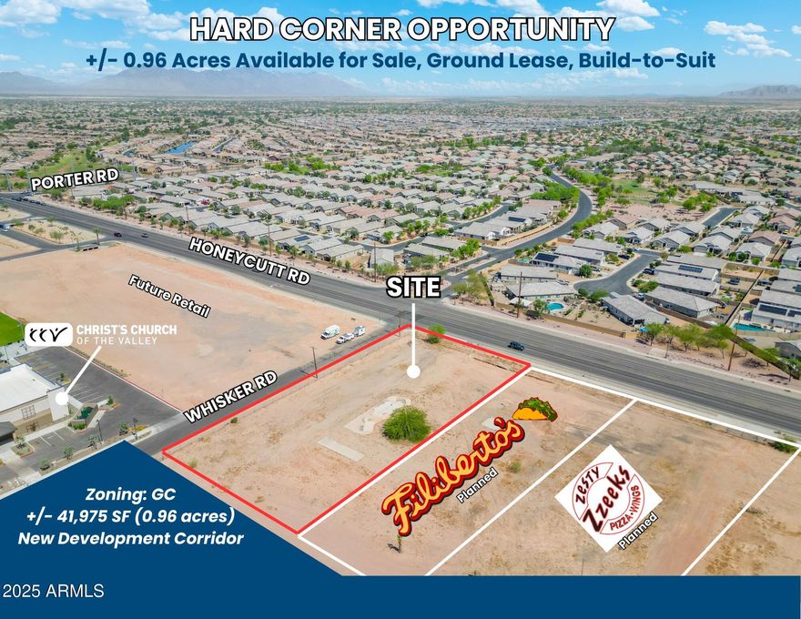 Prime commercial property on Honeycutt Road with excellent frontage and visibility at the hard corner of Whisker and Honeycutt. Ideal for office, medical, retail, quick-serve, automotive, daycare or flex space, the site sits next to The Ranches at Gunsmoke apartments, Zzeeke's Pizza, a proposed storage facility, and CCV Church, placing it in the heart of a rapidly growing corridor. One acre is offered with the option to purchase additional land, up to 1.7 acres total. Already zoned GC for a wide range of uses, the property is available for sale, build-to-suit or ground lease. Don't miss this opportunity to secure a premier site in one of the area's fastest-growing locations.