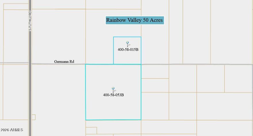 Own 50 acres in a prime area of Rainbow Valley - Buckeye.  Excellent opportunity to own Arizona land in a growing rural area. Flat, usable parcel surrounded by agricultural land and open desert. Perfect for land investors, agricultural use, or long-term hold.
This listing is for 2 parcels - 400-58-015B and 400-58-053B