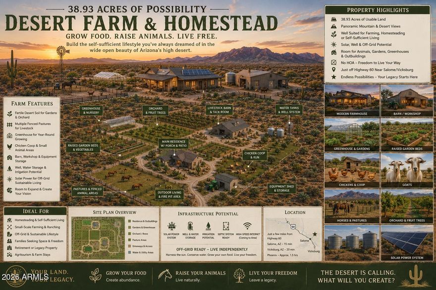 Grow Food, Raise Animals, Live FREE! Located just minutes from Highway 60 near Salome/Vicksburg, these 39 acres offer privacy, stunning mountain and desert views, and a blank canvas to create your vision. Buy land -- they're not making any more of it! Bring your RV, tiny home, container home, or future getaway and enjoy incredible starry nights. Live and develop this land with time, see images for ideas! Nearby RV parks and surrounding infrastructure may offer future utility possibilities while still preserving the peaceful desert setting many value conscious buyers are seeking. Bring your ideas and explore the possibilities!