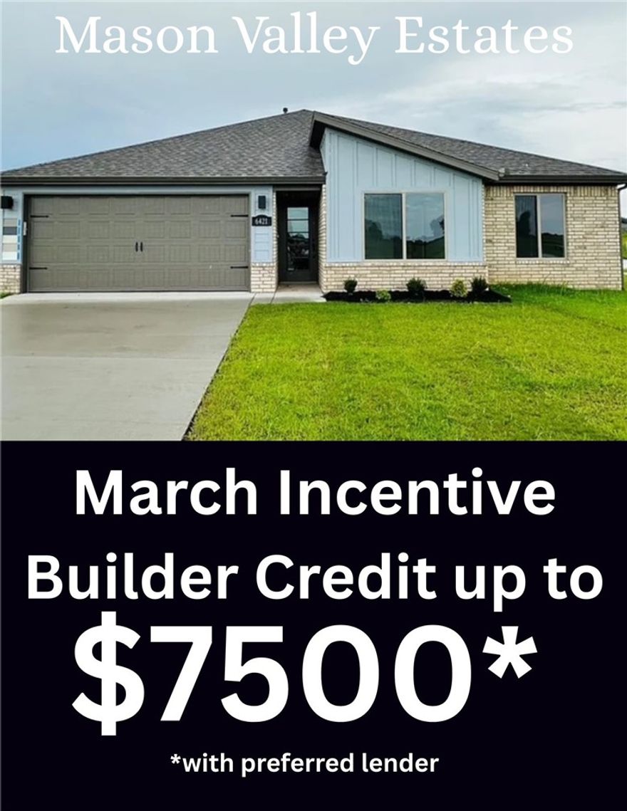 Open Monday - Friday 11:00 am - 3:00 pm.  Check in at the Model Home for assistance. The Hillcrest Plan, a stunning new construction home in the Mason Valley Estates Subdivision, located in highly desirable Bentonville Schools. Designed with style and function, this 4-bed, 2 bath offers modern elegance and everyday comfort. The open-concept invites you to see the spacious interior. At the heart of the home, the kitchen boasts granite countertops, custom cabinetry, a large island, and premium stainless steel appliances, making it perfect for hosting or dining. Cozy up by the gas fireplace in the living area or enjoy the practicality of a gas range for all your cooking. With luxury finishes throughout this home is truly designed for today's lifestyle. Situated in an exciting new community, future amenities include a pool, adding even more value to your investment. Don't miss the chance to own the Hillcrest Plan. Schedule your showing today and take advantage of the $4,000 builder credit and up to $3,500 lender credit
