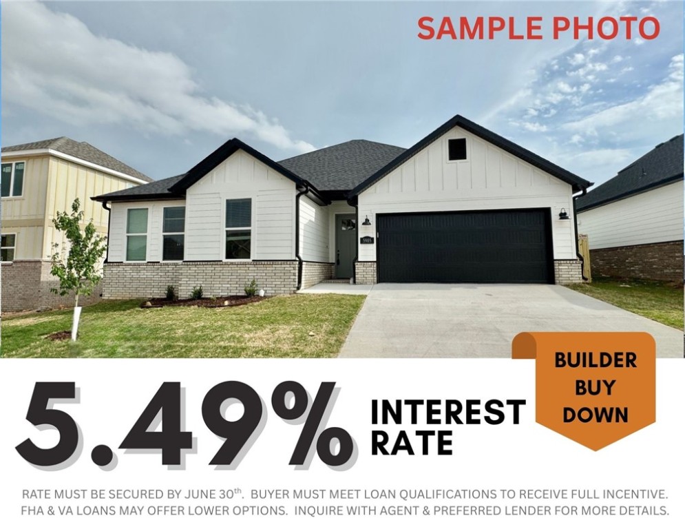 5.49% INTEREST RATE/BUILDER BUY DOWN & fence, blinds and gutters included! Discover your dream home in the sought-after Osage Hills neighborhood. Arkansas plan with garage on the right and South facing! Pick your exterior and interior finishes/packages! 10 ft ceilings in the living/kitchen area, linear electric fireplace, 1 level, LVP flooring throughout the main living areas and primary bedroom, quartz countertops and more. Chef's kitchen boasting frigidaire stainless steel appliances, gas range, pantry, quartz countertops, bar pull handles, large island and gorgeous backsplash. Luxurious primary bedroom features abundant natural light, while the spa-like primary bathroom offers a walk-in shower, double sinks, and spacious walk-in closets. Additional features include two large secondary bedrooms and a separate laundry room. Nestled on a generous lot with covered patio that overlooks the serene sodded, fully fenced backyard. Sturdy concrete siding & brick! Model home located at 6008 SW Coywolf St- Lot 122.