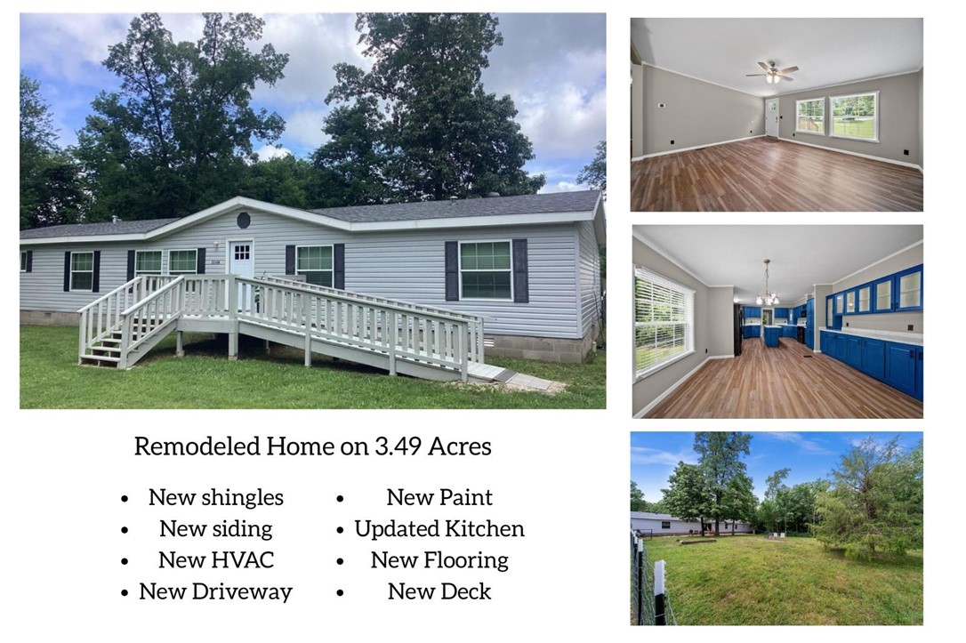 Fall in love with this newly remodeled Double-wide on 3.49 acres. New roof, siding, HVAC and an interior refresh in the last year! Nice new deck and entrance ramp out front that's perfect for families and dogs.
A nicely fenced backyard with a concrete patio for puppers, chickens or your new gardening habit. How about a fresh new gravel driveway and room in this house for your whole family! Come and take a look today before this one is gone! Seller is motivated!