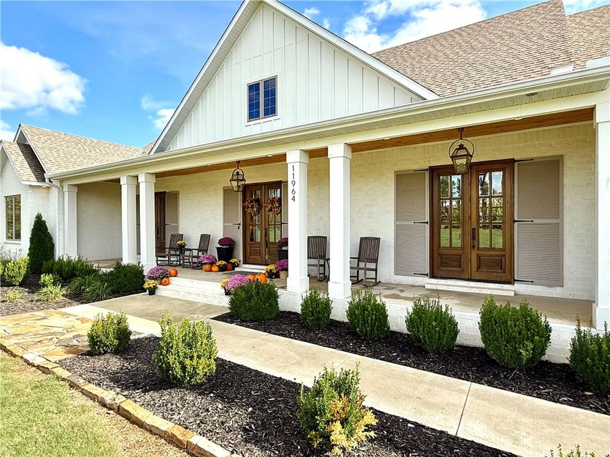 Incredible Custom Colonial Farmhouse situated on 3.59 acre Estate Lot. Custom-built in 2022, this 4,635sf home offers the rare opportunity to have plenty of space over the 3.5+ acre Estate Lot within a gated private community, while still providing the convenience of being just minutes away from all NWA has to offer.  Main level is an entertainer’s dream with open chef’s kitchen and living spaces, sprawling primary suite, gorgeous powder bath and more. Walkout basement includes massive game room, wet bar, two guest suites with separate baths, and a stunning bunk room with custom built-in bunks that can also provide peace of mind while serving as a storm shelter during a time of need. Oversized upstairs bonus offers endless use options. One of the few homes in this setting to also offer natural gas. Massive screened in rear porch with fireplace and overhead heaters allows you to take in the outdoor serenity year-round. Bentonville Schools. 3 minutes to XNA, 10 Minutes to Pinnacle Hills/Promenade, 10 Minutes to I49