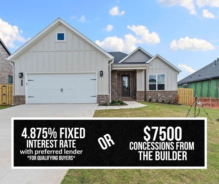 In Pea Ridge, Arkansas, Yorktown Subdivision features homes that cater to diverse tastes and modern living. The Dove plan offers 1,886 sq ft of thoughtfully designed living space in a single-story layout.The modern kitchen features a composite granite sink for lasting beauty and durability, along with a countertop push-button garbage disposal for added convenience. A cozy nook with built-in cabinets, a desk area, and floating shelves provides the ideal workspace or study spot.Enjoy outdoor living on the covered back patio, overlooking a privacy-fenced backyard—perfect for relaxing or entertaining guests. Additional highlights include a spacious two-car garage and elegant finishes throughout, ensuring both style and practicality.
With its impressive layout the Dove plan delivers everyday. For a limited time rates starting at 4.875% with the builder's preferred lender for qualifying buyers OR $7,500 in builder bucks. For access to see all the homes stop by the model home at 1602 Christman St.