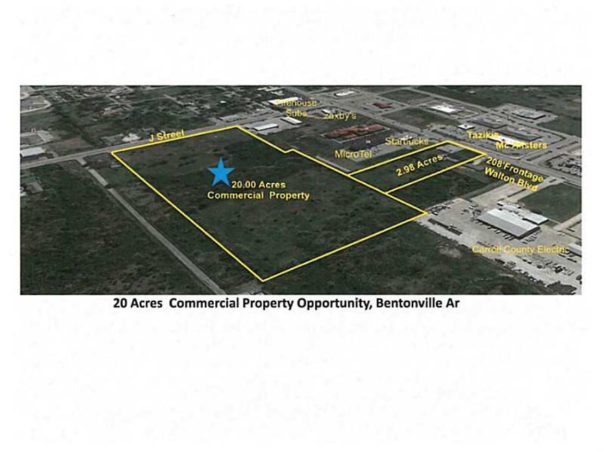 EXCELLENT DEVELOPMENT OPPORYUNITY, just NW of the corner of Walton Blvd and J Street in Bentonville, with the traffic count of 15,000 on J St. and 35,000 daily on Walton Blvd. Easy access to I-49, this 20 acres is available for mixed use development.,There are many hotels and restaurants in the immediate vicinity. Only 10 miles from XNA Airport.
