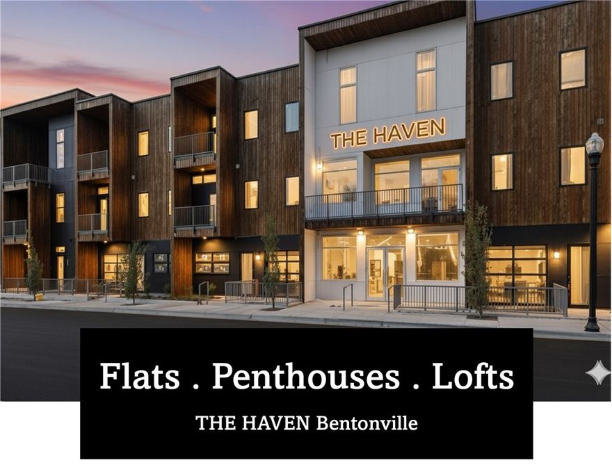 Luxury condo living at its finest—welcome to THE HAVEN BENTONVILLE. Perfectly positioned between the new Walmart Campus and the vibrant Downtown Bentonville Square, The Haven offers unmatched access to the city’s cultural and creative core. Unit 210 – "The de Kooning Loft" embodies bold, modern design with a bright, airy two-story layout and two balconies overlooking The Momentary just south of The Haven. The architectural staircase serves as a stunning centerpiece, blending art and function. The kitchen features custom white oak cabinetry, quartz waterfall edge and induction range by Bosch plus a pantry area, ideal for entertaining or daily living. Upstairs, two bedrooms each feature ensuite baths, with the primary suite offering its own private balcony. Whether inspired by art, architecture, or walkable urban living, The de Kooning Loft delivers a refined lifestyle in the heart of Bentonville.