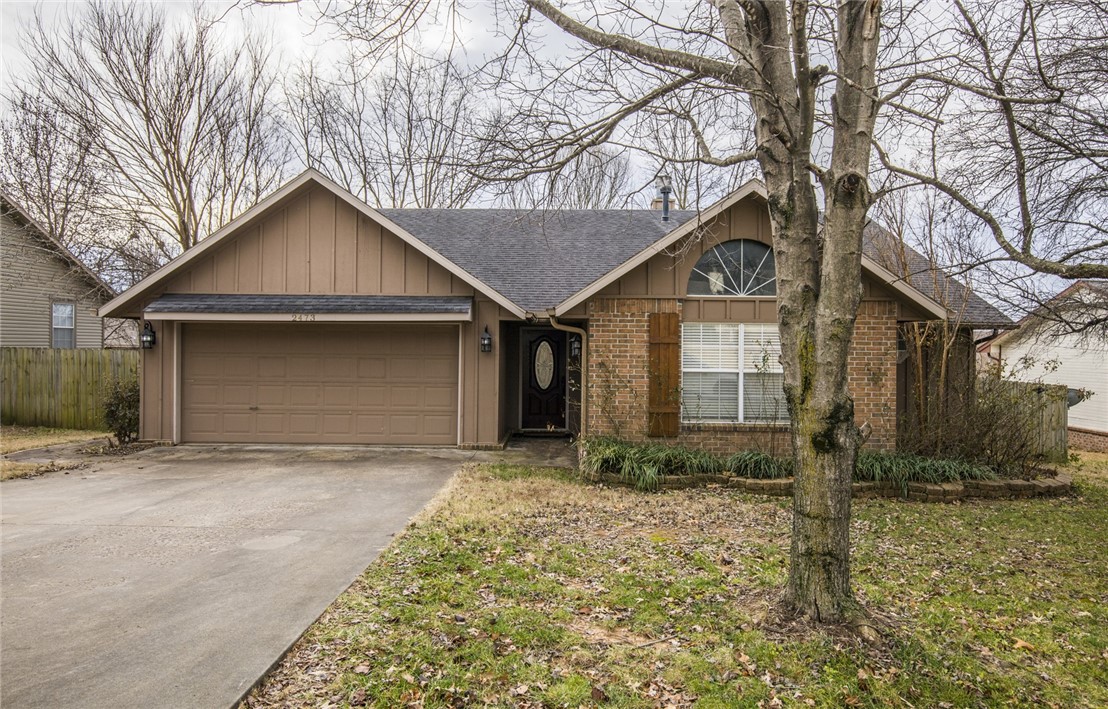 Great home in Fayetteville. Just minutes from I-49, shopping and dining. Open floor plan, wood flooring thru main living area. Tile in baths and kitchen. Living room has gas fireplace. Large fenced yard will great deck and storage shed. Refrigerator included.