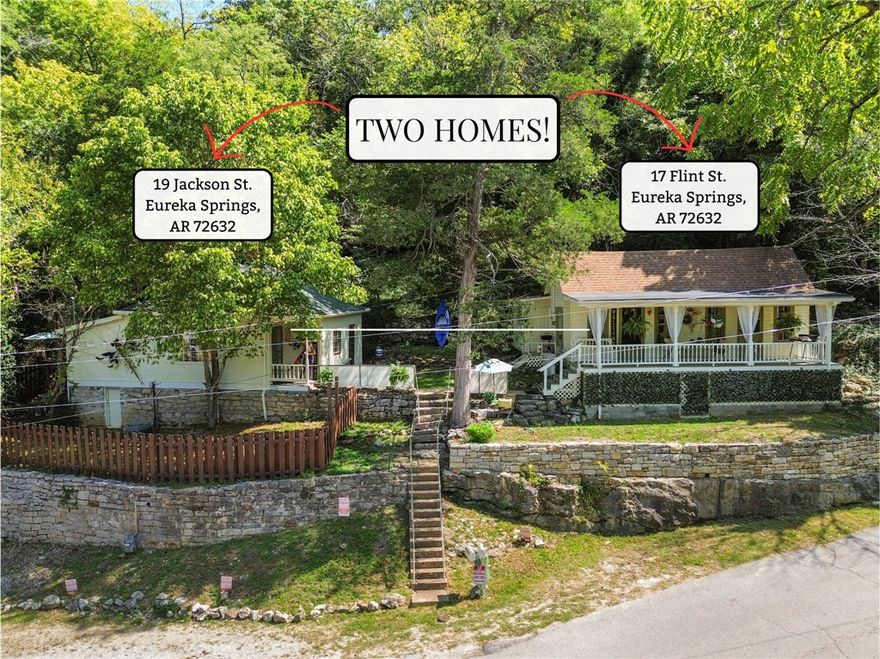 Two historic properties located in the Heart of Eureka Springs and within walking distance to historic downtown! This offering includes two adjoining properties with a shared courtyard - both dating back to the early 1900's. You get the benefits of all the historic charm with modern comforts.  19 Jackson St. is a 1-bedroom retreat complete with a spacious bath that offers a cast iron tub, tiled shower, and stackable washer /dryer. Flexible living space allows for an office, sitting room, or a second bedroom.  17 Flint St. is a 1-bedroom and 1 bath slice of heaven with its full front porch overlooking historic Main Street and the Grand Central Hotel. Full of charm with its whimsical murals, custom woodwork, and luxurious finishes. Both homes being sold with furniture, lamps, rugs, and more. Hot tub to convey. A rare luxury, these homes boast a total of SIX off street parking spots! Just like Eureka Springs, these homes are full of charms and offer an escape unlike any other. Listed individually MLS 1324490 & 1324603