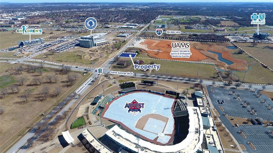 Land for sale in Springdale’s Care Corridor / Medical Mile district surrounded by Arkansas Children’s Hospital, Arvest Ballpark and future 185,000-square-foot UAMS Sports & Orthopedic Medicine facility. Area is a rapidly developing submarket of Northwest Arkansas with new Children’s Center for Health & Wellness, Arkansas BlueCross BlueShield and Highlands Oncology buildings. Convenient to dense neighborhoods, Sam’s Club and Northwest Arkansas Community College. Watkins Avenue road improvement plans include lane widening, sidewalk and bike trail.