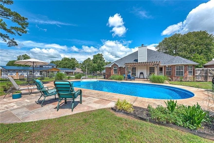 Welcome to your private backyard retreat! Tucked on a quiet cul-de-sac and set on a spacious corner lot, this home has been meticulously maintained and thoughtfully upgraded. The backyard is a true showstopper—featuring an in-ground pool (3–6’ deep) with custom stained concrete, plus a pergola-covered patio with stamped concrete—perfect for summer entertaining and relaxing evenings.
Inside, the open eat-in kitchen flows seamlessly into a vaulted living room with a cozy gas fireplace. The split floorplan offers privacy, with a spacious primary suite featuring two walk-in closets, double vanity, jetted tub, and separate shower.
Major updates include a Kohler whole-home generator, new roof (2024), updated pool equipment, HVAC (2022), garage system (2024), and underground water lines (2024). Over $60K in upgrades—move-in ready and worry-free!