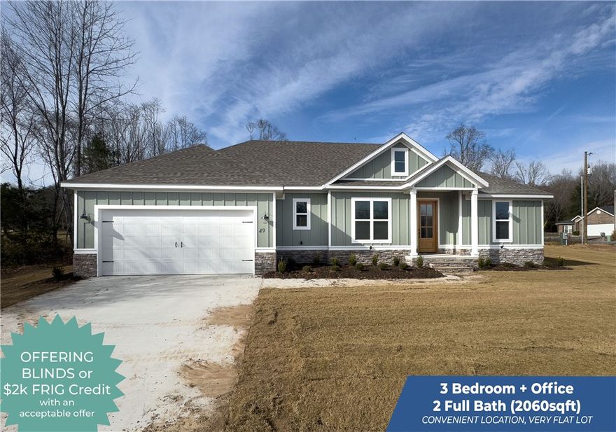 Step into the NWA lifestyle with this 3- Bedroom 2-Bath home that includes a flexible office space! Enjoy wood and tile floors throughout and a solid slab foundation. Added touches like epoxy-coated garage and central vac system bring convince and ease of maintenance- all this is set on a RARE flat lot in Bella Vista!