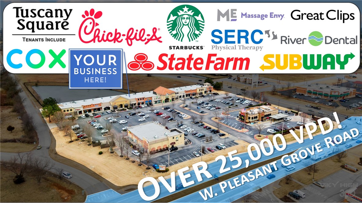 Looking for that perfect spot to start or grow your business? This is your opportunity to capture a fantastic 2,023 SQFT prime commercial space with unlimited potential in a thriving & popular strip center in one of the fastest growing market centers in the country, Rogers, Arkansas! Located just moments from busy I-49 (76K VPD), this fantastic location is situated on the busiest roads in town, W. Pleasant Grove Road, which is traveled by over 25K VPD! This unique & highly versatile location is perfectly positioned to provide access to the growing area population & boasts an unbeatable mix of tenants, superior visibility, ample parking with multiple points of easy ingress, over 900ā of road frontage, & a close proximity to other popular area businesses! Tuscany Square Plaza is anchored by national tenants that include Chick-fil-A, Starbucks, and State Farm! Other tenants include Gusano's Pizza, Subway, Great Clips, and Massage Envy among others! Act now as you may never find a location nearly as good as this one!