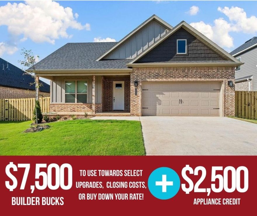Nestled in the heart of Pea Ridge, the Yorktown Subdivision offers a perfect blend of classic charm and modern design, exemplified by the Stork plan—a stunning 2,009 sq ft single-story home featuring 4 bedrooms, 2.5 baths, and a spacious 2-car garage with depths ranging from 20 to 24 feet, ideal for larger vehicles and additional storage. The thoughtfully designed layout places all secondary bedrooms at the front of the home for added privacy, while the primary suite is tucked away at the back and connected to a convenient utility room. The open-concept living, dining, and kitchen areas create a seamless flow perfect for entertaining and everyday living. Step outside to enjoy a fully sodded front and back yard, complete with a fenced backyard and a covered patio. For a limited time, Lower your interest rate with $7,500 from the builder + $2,500 appliance allowance + up to 4k in closing costs from select lenders. For a total of up to 14K with lender incentives. Fence, blinds, and gutters are all included.