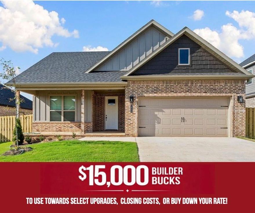 Nestled in the heart of Pea Ridge, the Yorktown Subdivision offers a perfect blend of classic charm and modern design, exemplified by the Stork plan—a stunning 2,009 sq ft single-story home featuring 4 bedrooms, 2.5 baths, and a spacious 2-car garage with depths ranging from 20 to 24 feet, ideal for larger vehicles and additional storage. The thoughtfully designed layout places all secondary bedrooms at the front of the home for added privacy, while the primary suite is tucked away at the back and connected to a convenient utility room. The open-concept living, dining, and kitchen areas create a seamless flow perfect for entertaining and everyday living. Step outside to enjoy a fully sodded front and back yard, complete with a fenced backyard and a covered patio. For a limited time, Lower your interest rate with $15,000 from the builder + up to 4k in closing costs from select lenders. For a total of up to 19K with lender incentives. Fence, blinds, and gutters are all included.