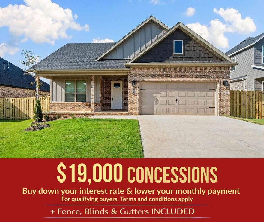 Nestled in the heart of Pea Ridge, the Yorktown Subdivision offers a perfect blend of classic charm and modern design, exemplified by the Stork plan—a stunning 2,009 sq ft single-story home featuring 4 bedrooms, 2.5 baths, and a spacious 2-car garage with depths ranging from 20 to 24 feet, ideal for larger vehicles and additional storage. The thoughtfully designed layout places all secondary bedrooms at the front of the home for added privacy, while the primary suite is tucked away at the back and connected to a convenient utility room. The open-concept living, dining, and kitchen areas create a seamless flow perfect for entertaining and everyday living. Step outside to enjoy a fully sodded front and back yard, complete with a fenced backyard and a covered patio. For a limited time, Lower your interest rate with $15,000 from the builder + up to 4k in closing costs from select lenders. For a total of up to 19K with lender incentives. Fence, blinds, and gutters are all included.