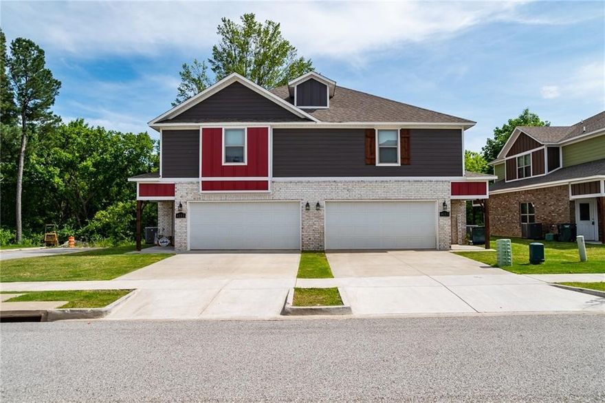 Excellent investment opportunity in Fayetteville. These 2 luxury duplexes has 3 large bedrooms each featuring its own full-sized en-suite bathroom. Each duplex has an open floor plan kitchen and living room and includes a half bath in the main living. Each duplex has a 2 car garage with room for 2 more cars in the driveway. Rupple Meadows subdivision is just over 1 mile to I-49. Very close to shopping, restaurants, coffee shops, and the Fayetteville Iams Dog Park. Mowing included in monthly POA dues.