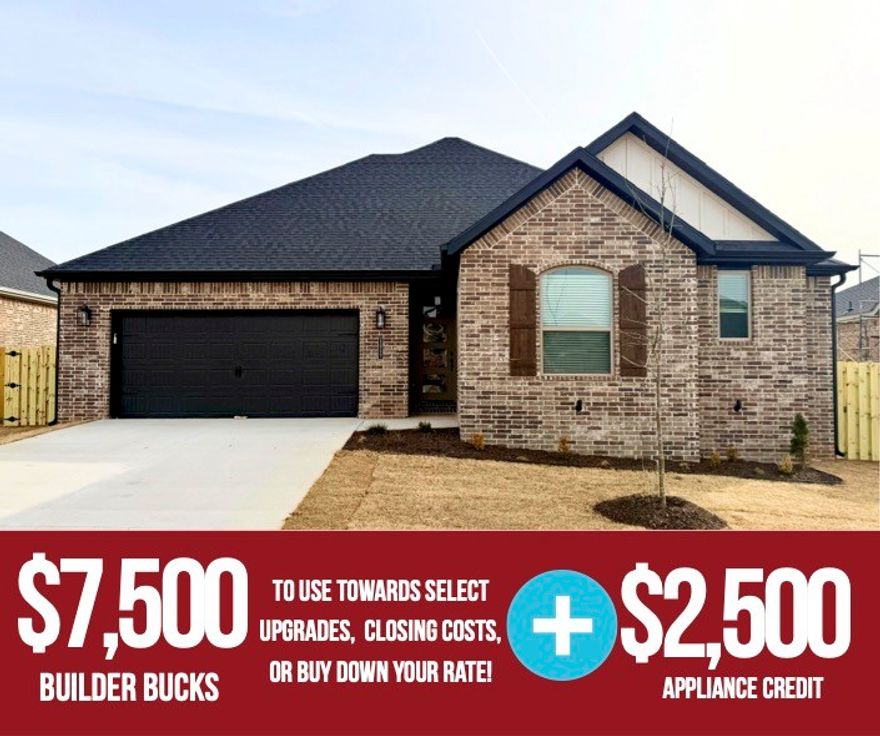 The Robin floor plan offers 1,771 sq ft of well-designed living space with 4 bedrooms, 2 bathrooms, and a 2-car garage, all on a single-story layout. The home features an open-concept living, dining, and kitchen area enhanced by 10-foot ceilings in the living room and primary bedroom, creating a bright and airy atmosphere. The primary bedroom is privately located at the back of the home, while the additional bedrooms are positioned at the front on the opposite side, offering excellent separation and functionality. Both the front and back yards come fully sodded, providing an instantly polished and inviting outdoor space.Yorktown Subdivision in Pea Ridge, Arkansas, combines traditional and modern designs to create a timeless neighborhood feel. For a limited time, Lower your interest rate with $7,500 from the builder + $2,500 appliance allowance + up to 4k in closing costs from select lenders. For a total of up to 14K with lender incentives. Fence, blinds, and gutters are all included.