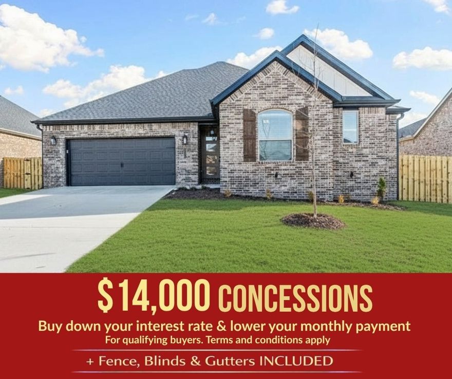 The Robin floor plan offers 1,771 sq ft of well-designed living space with 4 bedrooms, 2 bathrooms, and a 2-car garage, all on a single-story layout. The home features an open-concept living, dining, and kitchen area enhanced by 10-foot ceilings in the living room and primary bedroom, creating a bright and airy atmosphere. The primary bedroom is privately located at the back of the home, while the additional bedrooms are positioned at the front on the opposite side, offering excellent separation and functionality. Both the front and back yards come fully sodded, providing an instantly polished and inviting outdoor space.Yorktown Subdivision in Pea Ridge, Arkansas, combines traditional and modern designs to create a timeless neighborhood feel. For a limited time, Lower your interest rate with $7,500 from the builder + $2,500 appliance allowance + up to 4k in closing costs from select lenders. For a total of up to 14K with lender incentives. Fence, blinds, and gutters are all included.