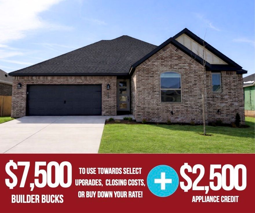 The Robin floor plan offers 1,771 sq ft of well-designed living space with 4 bedrooms, 2 bathrooms, and a 2-car garage, all on a single-story layout. The home features an open-concept living, dining, and kitchen area enhanced by 10-foot ceilings in the living room and primary bedroom, creating a bright and airy atmosphere. The primary bedroom is privately located at the back of the home, while the additional bedrooms are positioned at the front on the opposite side, offering excellent separation and functionality. Both the front and back yards come fully sodded, providing an instantly polished and inviting outdoor space.Yorktown Subdivision in Pea Ridge, Arkansas, combines traditional and modern designs to create a timeless neighborhood feel. For a limited time, Lower your interest rate with $7,500 from the builder + $2,500 appliance allowance + up to 4k in closing costs from select lenders. For a total of up to 14K with lender incentives. Fence, blinds, and gutters are all included.