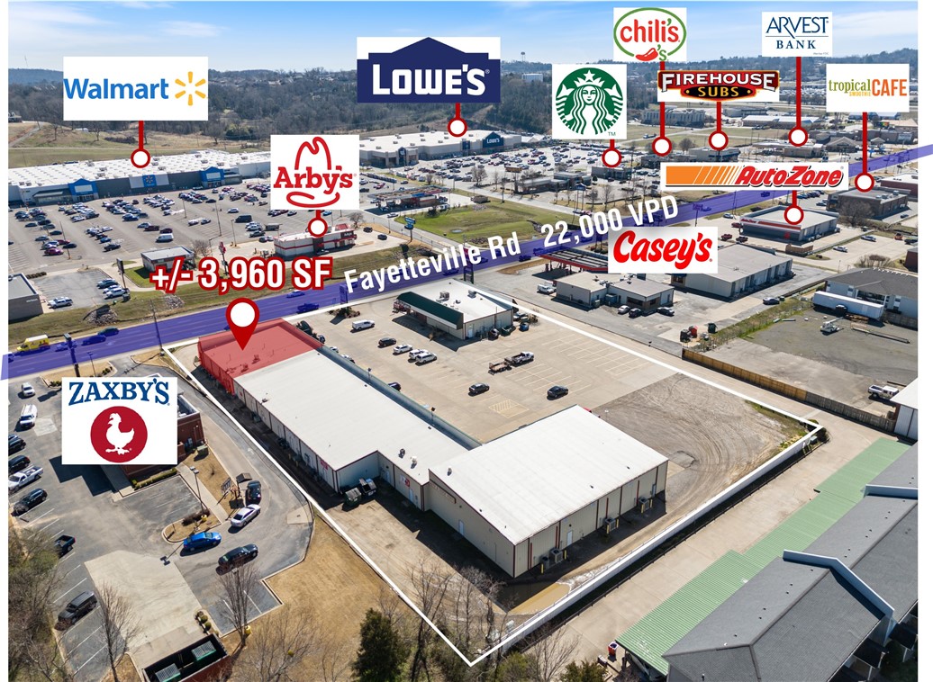 This +/- 3,960 SF of prime restaurant space in Van Buren offers a premier location directly across from the Walmart Supercenter, ensuring maximum visibility. Featuring a large dining room, waiting area, bar, full-service kitchen, dedicated men's and women's restrooms, manager's office, storage room, and utility closet. Located within the bustling Cedar Creek Shopping Center, home to established tenants like T-Mobile and Little Caesars, the property benefits from a diverse customer base. With ample parking for employees and visitors, as well as excellent signage opportunities above the suite and on the monument sign, businesses can easily attract attention. Positioned on Fayetteville Rd., which see approx. 22,000 VPD, this space offers exceptional exposure and is surrounded by national retailers such as Walmart, Lowe's, Casey's General Store, Verizon, Starbucks, and more!