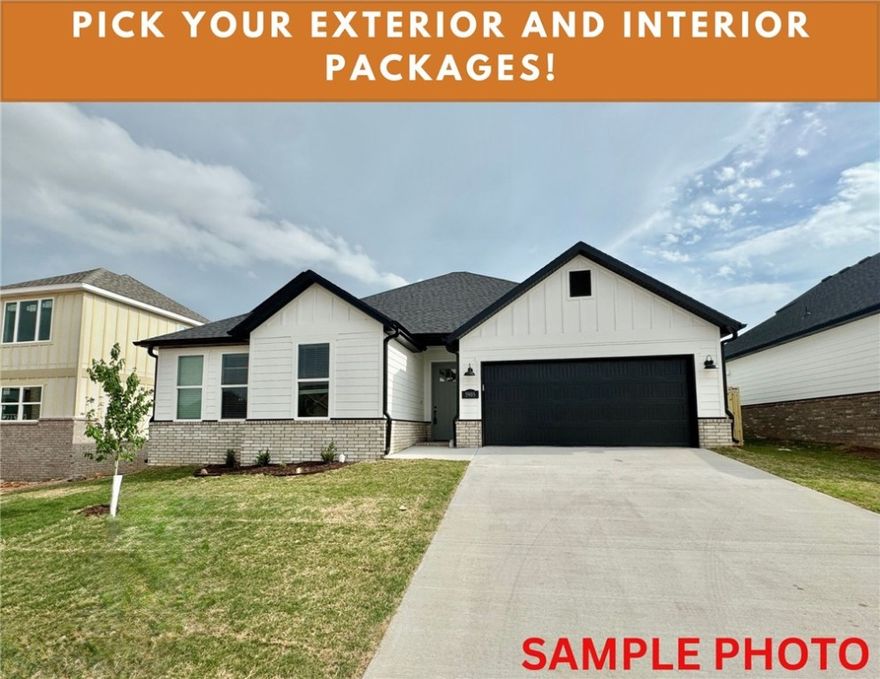 Fence, blinds and gutters included! Discover your dream home in the new neighborhood Jacob's Crossing. Arkansas plan with garage on the left and North facing! 10 ft ceilings in the living/kitchen area, linear electric fireplace, 1 level, LVP flooring throughout the main living areas and primary bedroom, quartz countertops and more. Chef's kitchen boasting frigidaire stainless steel appliances, gas range, pantry, quartz countertops, bar pull handles, large island and gorgeous backsplash. Luxurious primary bedroom features abundant natural light, while the spa-like primary bathroom offers a walk-in shower, double sinks, and spacious walk-in closets. Additional features include two large secondary bedrooms and a separate laundry room. Nestled on a generous lot with covered patio that overlooks the serene sodded, fully fenced backyard. Sturdy concrete siding & brick! Model home located at 3631 Tranquility St- Lot 1.