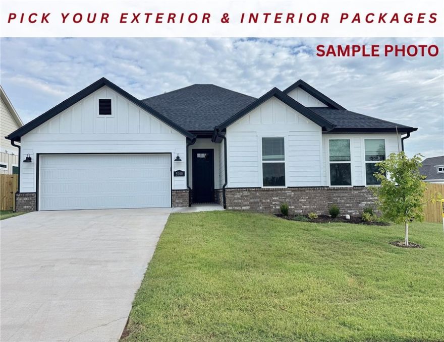 Fence, blinds and gutters included! Discover your dream home in the new neighborhood Jacob's Crossing. Arkansas plan with garage on the left and North facing! 10 ft ceilings in the living/kitchen area, linear electric fireplace, 1 level, LVP flooring throughout the main living areas and primary bedroom, quartz countertops and more. Chef's kitchen boasting frigidaire stainless steel appliances, gas range, pantry, quartz countertops, bar pull handles, large island and gorgeous backsplash. Luxurious primary bedroom features abundant natural light, while the spa-like primary bathroom offers a walk-in shower, double sinks, and spacious walk-in closets. Additional features include two large secondary bedrooms and a separate laundry room. Nestled on a generous lot with covered patio that overlooks the serene sodded, fully fenced backyard. Sturdy concrete siding & brick! Model home located at 3631 Tranquility St- Lot 1.