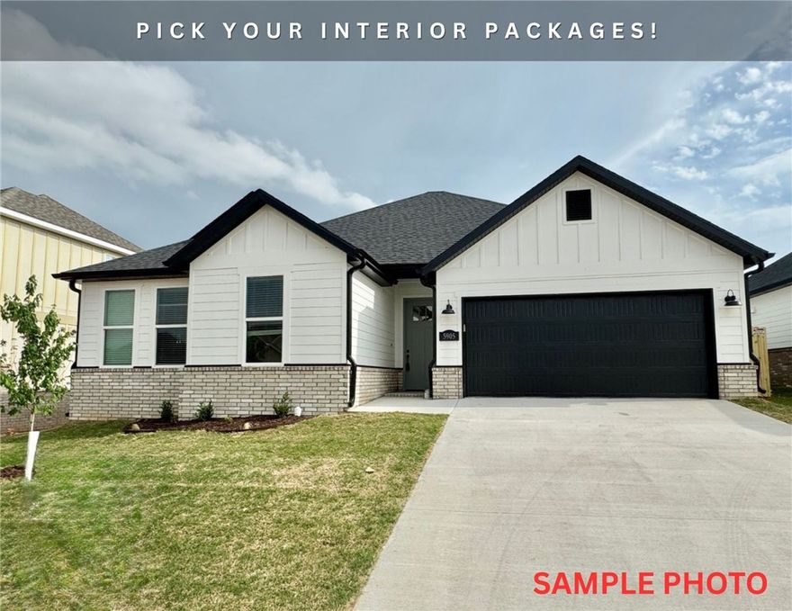 Fence, blinds and gutters included! Discover your dream home in the new neighborhood Jacob's Crossing. Arkansas plan with garage on the left and North facing! 10 ft ceilings in the living/kitchen area, linear electric fireplace, 1 level, LVP flooring throughout the main living areas and primary bedroom, quartz countertops and more. Chef's kitchen boasting frigidaire stainless steel appliances, gas range, pantry, quartz countertops, bar pull handles, large island and gorgeous backsplash. Luxurious primary bedroom features abundant natural light, while the spa-like primary bathroom offers a walk-in shower, double sinks, and spacious walk-in closets. Additional features include two large secondary bedrooms and a separate laundry room. Nestled on a generous lot with covered patio that overlooks the serene sodded, fully fenced backyard. Sturdy concrete siding & brick! Model home located at 3631 Tranquility St- Lot 1.