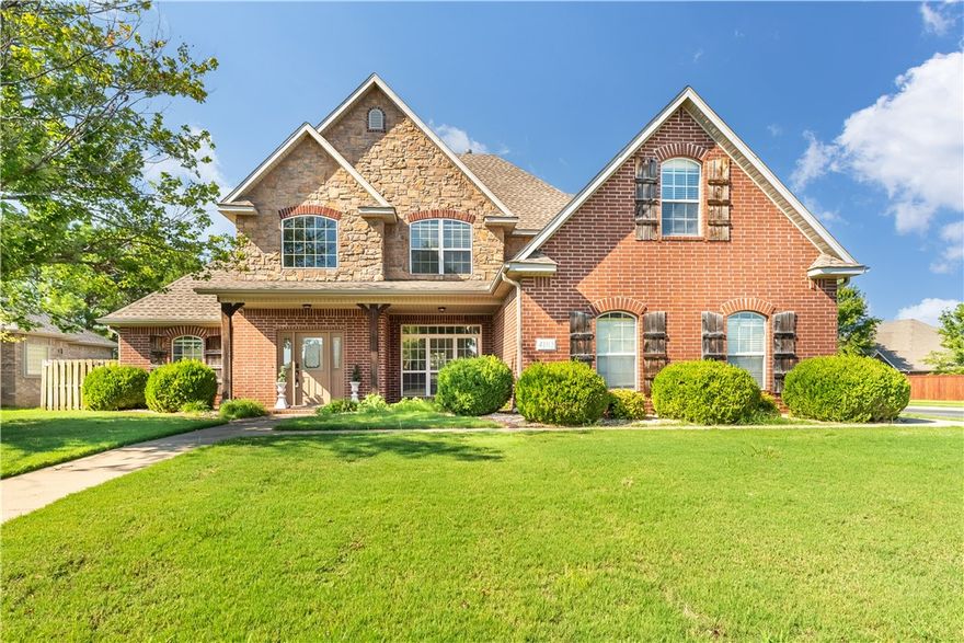 Spacious 4 bed, 3 bath, 3 car garage home on corner lot 2 minutes from new Walmart Corporate Campus, & I-49 via new Exit 87 interchange. Main level open floor plan w/high ceilings & hardwood floors; eat-in kitchen w/bar counter, abundant cabinet storage & upgrades of new quartz counters, backsplash & flooring; primary suite w/dual vanity bath, garden tub, separate shower, & walk-in closet, + rear deck access; MIL suite/guest bedroom & full bath; and separate laundry. Living room with gas log fireplace. Some rooms repainted & new lights in living spaces on main level. Second level has 2 bedrooms w/Jack & Jill full bath, plus a Media/Bonus Room. Large rear deck w/built-in benches. In-ground storm shelter in garage & 3rd bay ideal for exercise room or storage. Landscaped w/sprinkler system. Refrigerator, washer & dryer included in rent. Pest control included. Tenant responsible for utilities & renters insurance. No boats, trailers, RV's or vehicles over 3 tons & no parking in the street allowed.