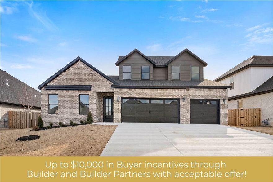 Discover the elegance and ease of the Marigold plan—a home where style meets functionality! This spacious layout offers 4 bedrooms and 3 full bathrooms, with the primary suite and an additional bedroom and bath conveniently located on the main level. Upstairs, you’ll find two more bedrooms and another full bath, ideal for versatile living. Enjoy premium features like granite countertops, custom cabinetry, and stainless steel appliances, all centered around a warm, eat-in kitchen. The open-concept design showcases LVP flooring in main living areas and enhanced lighting for a beautifully refined ambiance. Located in a vibrant community, future amenities in Phase 2 include a pond with scenic walking trails, a clubhouse, pool, and more! Don’t miss out on this opportunity to make this beautiful home and thriving neighborhood your own. Conveniently located, it’s less than 20 minutes to Downtown Bentonville and the new Walmart Home Office, and under 15 minutes to XNA.