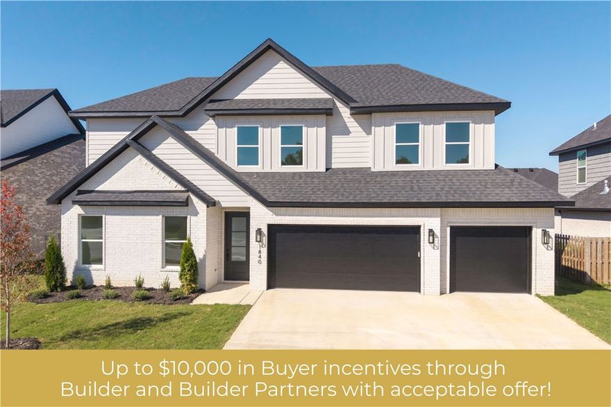 Step into style with the Hibiscus plan—4 beds, 3 baths, and a layout that blends luxury with everyday function. Main level features a spacious primary suite + guest bed/bath. Upstairs offers 2 more beds + full bath. The kitchen stuns with quartz countertops, custom cabinets, SS appliances, and eat-in dining. Open-concept living with LVP flooring and designer lighting. Located in a growing community with Phase 2 amenities coming soon: pond, trails, pool, and clubhouse. Minutes to XNA and under 20 mins to Downtown Bentonville. South-facing home. Taxes based on lot value. Move-in ready and easy to show—schedule your tour today!