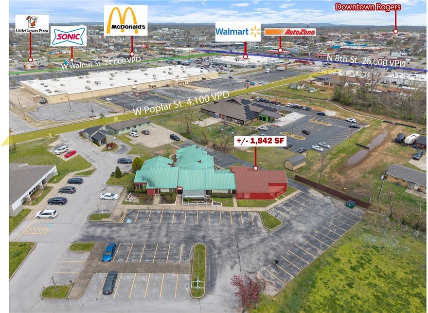 +/- 1,842 SF of office space now available for lease in Rogers, AR! This well-maintained and recently
remodeled space features 8 private offices (some big enough to be used as
conference rooms or open workspace areas), a loft, a storage closet, a sink with dishwasher and cabinet space, a private bathroom, two open areas that can be used for coworking space or patient/client waiting rooms, and two ways of entry/exit. The property is conveniently located just 2 minutes from the Walmart Neighborhood Market and 6 minutes from the Walmart Supercenter, only 1 minute from the N 8th St intersection, and just 3 minutes from downtown Rogers, making it highly accessible for both clients and employees. In addition to rent, tenant will be responsible for $100/mo for CAM/Trash as well as their own electric and water in their name. This space can be combined to adjacent suite (1106 Poplar) for a total of 2,792 SF.