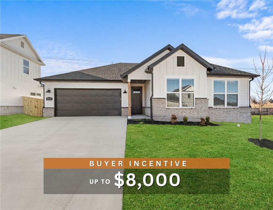 Discover your dream home in the sought-after Osage Hills neighborhood. Benton plan with garage on the left and East facing! 10 ft ceilings in the living/kitchen area, linear electric fireplace in the living, 1 level, LVP flooring throughout the main living areas and primary bedroom, quartz countertops and more. Chef's kitchen boasting frigidaire stainless steel appliances, gas range, pantry, quartz countertops, bar pull handles, large island and gorgeous backsplash. Luxurious primary bedroom features abundant natural light, while the spa-like primary bathroom offers a walk-in shower, double sinks, and spacious walk-in closets. Additional features include three large secondary bedrooms and a separate laundry room. Nestled on a generous lot with covered patio that overlooks the serene sodded, fully fenced backyard. Model home located at 6008 SW Coywolf St- Lot 122.