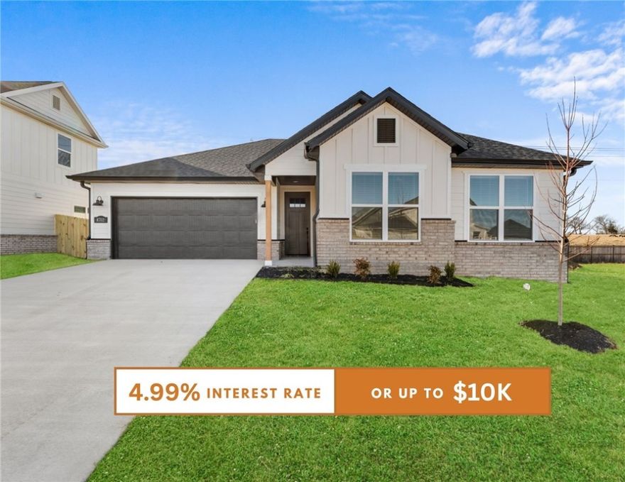 Discover your dream home in the sought-after Osage Hills neighborhood. Benton plan with garage on the left and East facing! 10 ft ceilings in the living/kitchen area, linear electric fireplace in the living, 1 level, LVP flooring throughout the main living areas and primary bedroom, quartz countertops and more. Chef's kitchen boasting frigidaire stainless steel appliances, gas range, pantry, quartz countertops, bar pull handles, large island and gorgeous backsplash. Luxurious primary bedroom features abundant natural light, while the spa-like primary bathroom offers a walk-in shower, double sinks, and spacious walk-in closets. Additional features include three large secondary bedrooms and a separate laundry room. Nestled on a generous lot with covered patio that overlooks the serene sodded, fully fenced backyard. Model home located at 6008 SW Coywolf St- Lot 122.