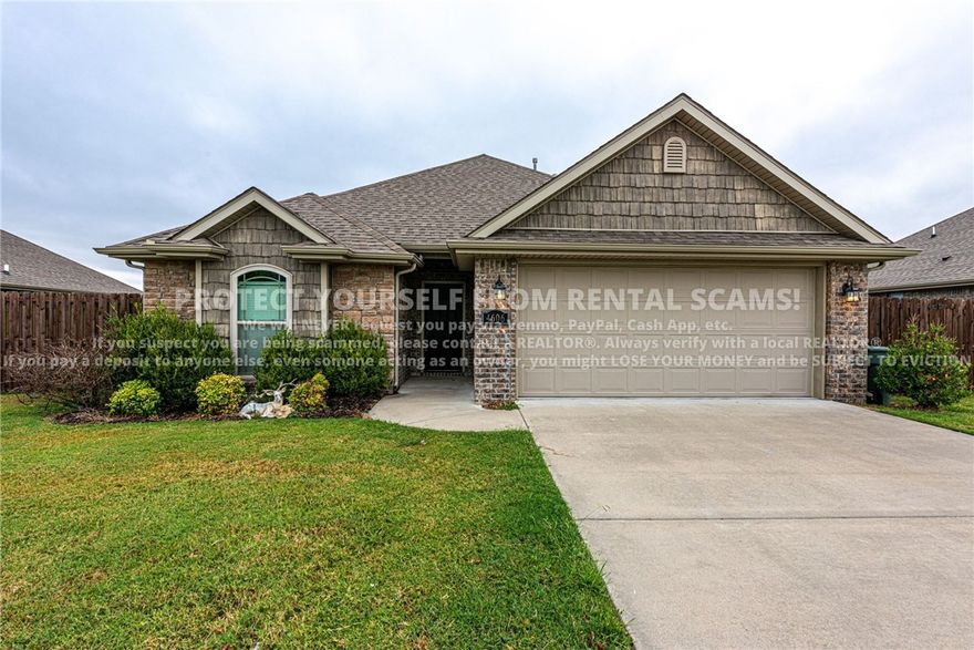 COMING SOON! Available approx. 7/20/26! Don't miss out on this gorgeous 3 bedroom 2 bathroom home located just minutes from eateries, parks, schools, and a short drive to the University of Arkansas! This inviting home offers a semi-open concept floor plan that seamlessly connects the living room and kitchen, highlighted by stylish wood-look tile flooring, a cozy gas log fireplace, granite countertops, ample cabinet space, and a dedicated area for eat-in dining. The primary bedroom features a private ensuite with a double-sink vanity, a drop-down makeup station, and a spacious walk-in closet. Head outside to unwind in the generously sized, fully fenced backyard. BONUS: All appliances included! *Available date may change. Property is tenant occupied - do not disturb the tenant. **Tenant is responsible for all utilities and lawn care/maintenance. *Photos shown are of a similar property, colors may vary. *Pets Negotiable