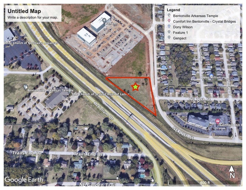 EXIT 88 OFF I-49, BENTONVILLE, AR. Last corner piece left at this Exit zoned C2 ready for a 4 or 5 story much needed apartment complex. Drainage already in place for this property. 460 ft of I-49 frontage. Not another piece of property like this that is close enough to ride your bicycle to the Wal-Mart new Campus.
Close to everything Bentonville has to offer, Trails,Crystal Bridges,