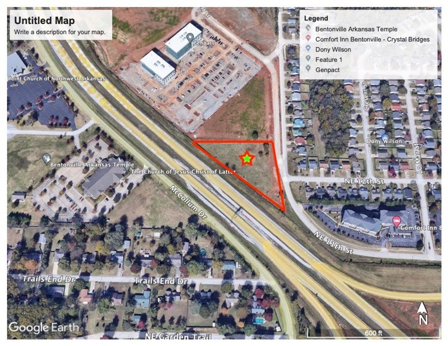 EXIT 88 OFF I-49, BENTONVILLE, AR. Last corner piece left at this Exit zoned C2 ready for a 4 or 5 story much needed apartment complex. Drainage already in place for this property. 460 ft of I-49 frontage. Not another piece of property like this that is close enough to ride your bicycle to the Wal-Mart new Campus.
Close to everything Bentonville has to offer, Trails,Crystal Bridges,