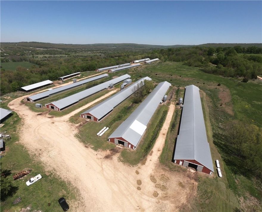 If you want a large broiler farm at an affordable price check this one out!Long list of updates completed June 2018 so you'll find 100% new-cool cells,water nipples, fans in the 1995 barns & completed drainage.Six 43x500 barns built 2005 and 3 32x450 barns built 1995.All drop ceilings. Simmons large bird contract makes over $400k annually.Two dwellings (old farmhouse for worker) & modern home (new siding & roof 2018) accommodate more than one family. **Kubota Tractor & Windrow machine included in the sale