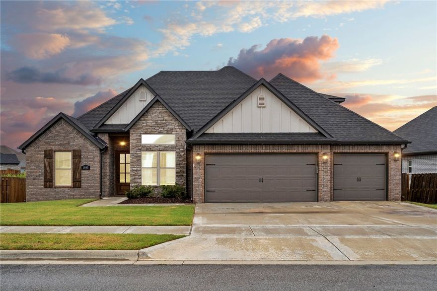 Seller is offering $1500 in buyer concessions!  BETTER THAN NEW! This beautifully upgraded Pea Ridge home offers modern efficiency and thoughtful design with 5 BEDROOMS (or 4 + OFFICE), 2.5 BATHS, and a 3-CAR GARAGE. Enjoy an open-concept layout filled with natural light, ACCENT WALLS, UPGRADED LIGHTING, and BLINDS THROUGHOUT. Energy savings year-round with SOLAR PANELS keeping electric bills under $100/month. Outdoor living shines with an EXTENDED COVERED PATIO, OUTDOOR FIREPLACE, CUSTOM PERGOLA, MATURE LANDSCAPING, and FULLY FENCED, TREE-LINED BACKYARD. Stylish, move-in ready, and energy-efficient—this one truly stands out from new construction. Only 9 Miles to the Walmart Campus!